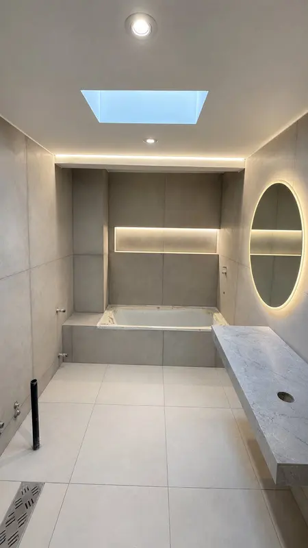 Bañera empotrada con espejo ovalado retroiluminado en baño de mármol